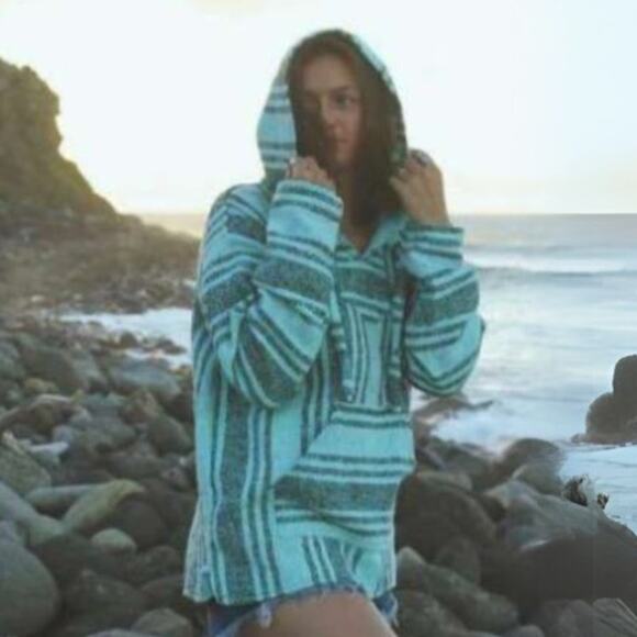 JAMIE | Authentic Vintage Mexican M Teal Blue Hippie Boho Hoodie Baja Jacket - Picture 1 of 7
